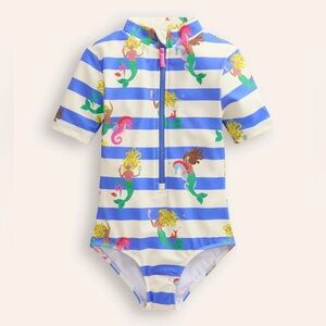 Girls Mini Boden Blue and White Striped Mermaid Bathing Suit sz 9-10Y